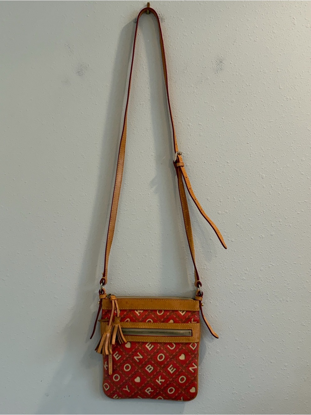 Dooney & Bourke Vintage Red Canvas Leather Spell Out Heart Crossbody Bag Y2K